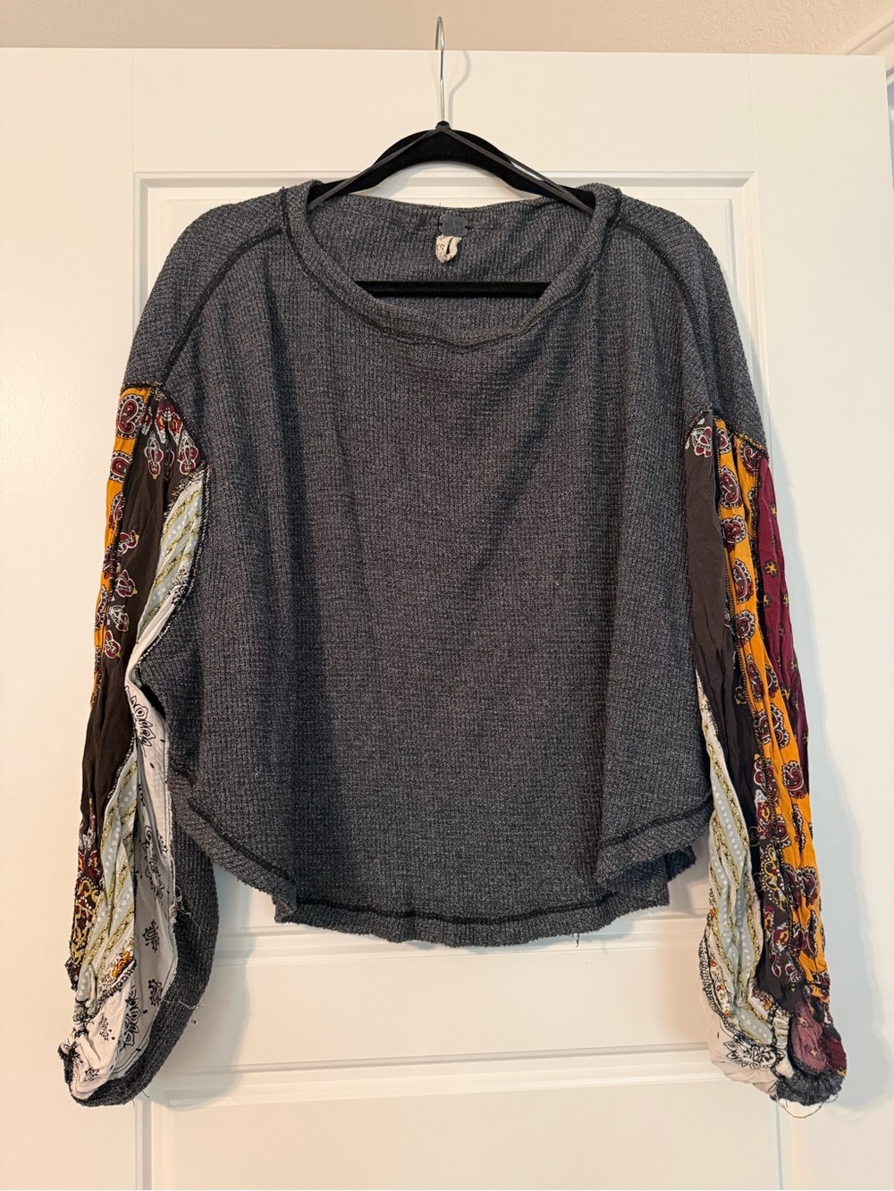 We The Free Charcoal Knit Pullover with Multi-Pattern Balloon Sleeves
